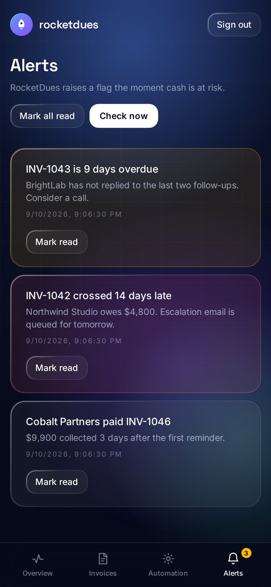 RocketDues app Alerts screen